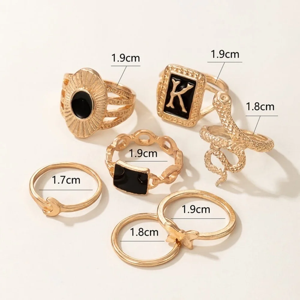 *EZLYNN* 7-Pc Gold x Black Snake Unique Fashion Ring Set